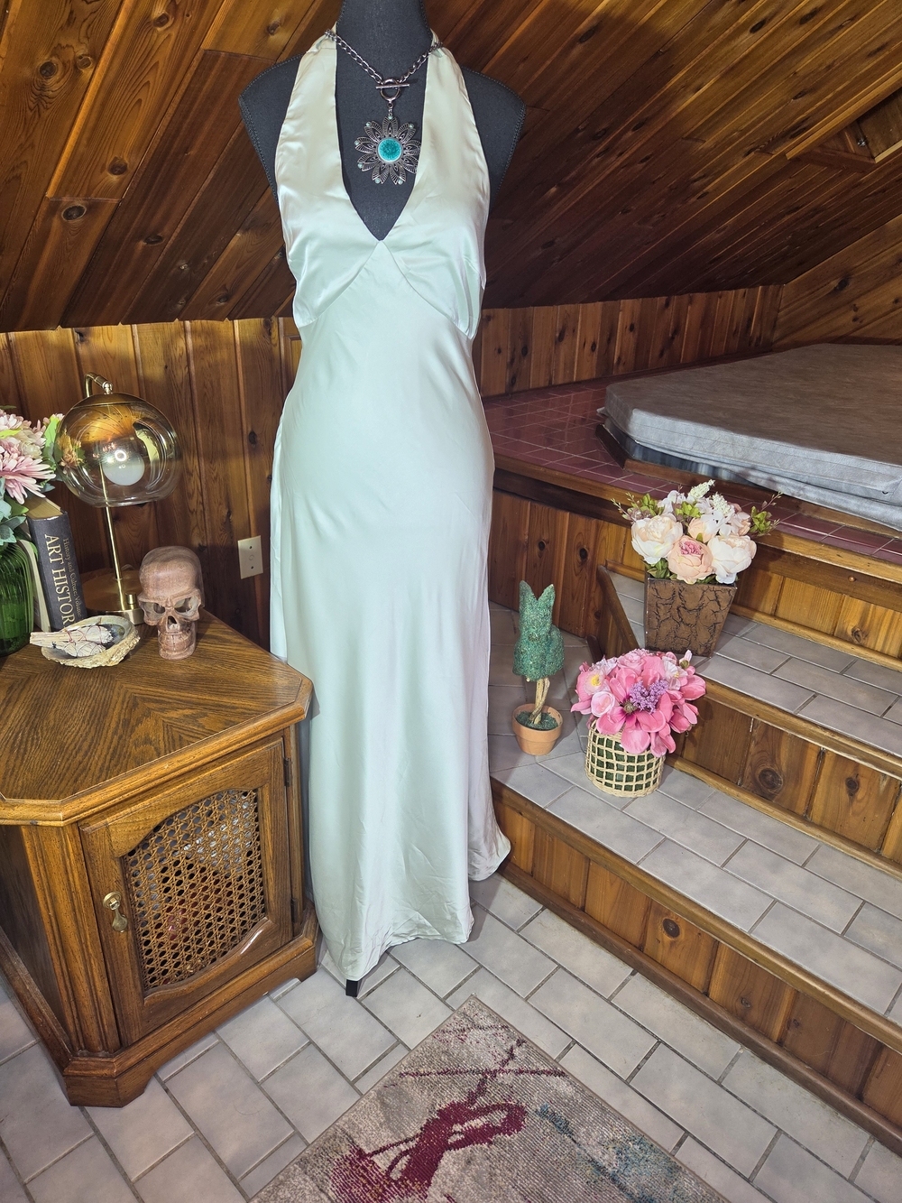 Cider Pale Mint Satin Halter Maxi Dress
